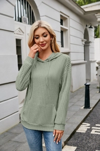 Detail of sage green ribbed knit hoodie featuring kangaroo pocket and adjustable drawstrings