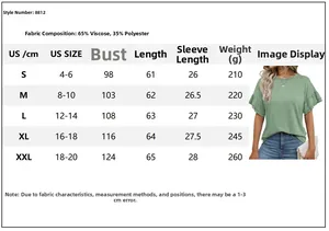 Detailed size chart for crewneck ruffle sleeve top with US sizing and fabric specs