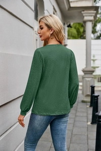 Detail of dark green long sleeve top showing textured fabric and cinched cuffs