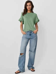 Detail shot of sage green t-shirt featuring double-layered ruffle sleeves and round neck