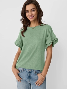 Detail of ruffle short sleeves on a green crewneck t-shirt with knit fabric texture