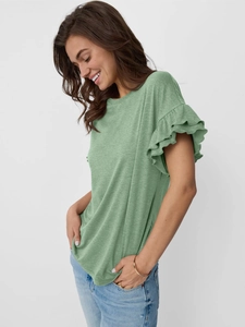 Detailed view of grass green T-shirt featuring double-layered ruffle sleeves and round neck