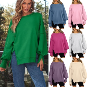 Damen Casual Oversize Sweatshirt Rundhals Seitenschlitz Laternenärmel Lockerer Drop Shoulder Pullover Top Für Mädchen Y2K