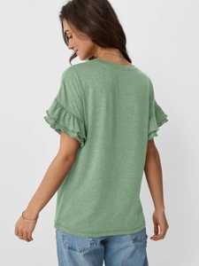 Detail view of double-layered ruffle sleeves on this casual sage green crewneck t-shirt