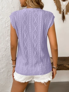 Detail of lavender crochet knit top with diamond hollow pattern and cable knit back view