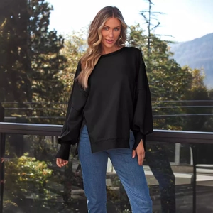 Schwarzes Damen Oversized-Sweatshirt mit überschnittenen Schultern und Seitenschlitzen im Y2K-Stil