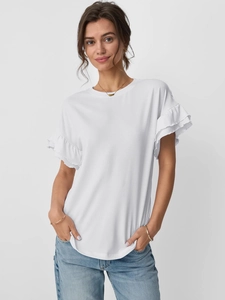 Detail shot of white round neck T-shirt with stylish double-layered ruffle sleeves for women