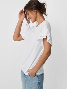 Close-up of double-layered ruffle sleeves on white crew neck t-shirt for women