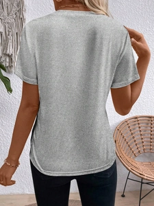 Detail view of heather gray short sleeve T-shirt back showing soft knit texture and fit