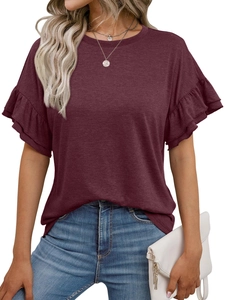 Detail of elegant wine red T-shirt with stylish double-layered ruffle sleeves and round neck