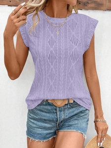 Detail of light purple knit top with diamond hollow patterns and ruffle sleeve edges