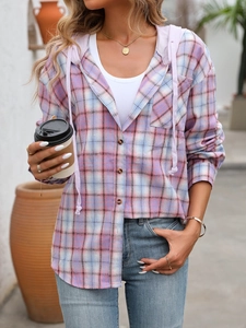 Detail of a casual oversized plaid shirt with a purple hood and drawstring for women