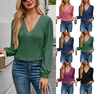 Women Casual V Neck Long Sleeve T-Shirt Pleated Lantern Sleeve Solid Color Loose Fit Pullover Top Fashion Daily Wear