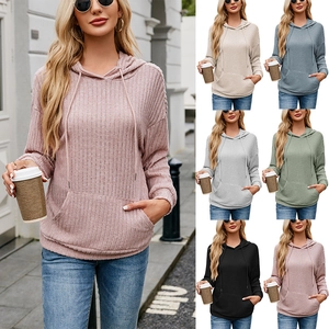 Women's Casual Ribbed Knit Hooded Sweatshirt Loose Long Sleeve Hoodie With Kangaroo Pocket Solid Color Spring Autumn Tops