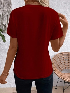 Back view of a slim fit deep red short sleeve T-shirt with solid color and crew neck design