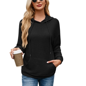 Women's black ribbed knit hoodie with kangaroo pocket and drawstring for casual autumn wear