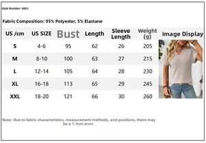 Detailed size chart for V-neck striped short sleeve tee in sizes S to XXL