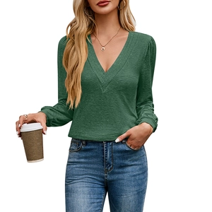 Deep green long sleeve V-neck top with pleated texture and stylish casual fit for women