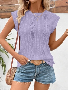 Detail of lavender crochet sleeveless top with hollow diamond knit and ruffled shoulders