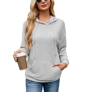Light grey ribbed knit hoodie for women with drawstring hood and kangaroo pocket