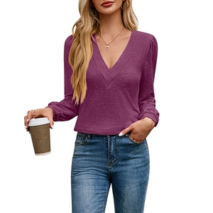Chic burgundy V-neck layered long sleeve top for women in casual city style