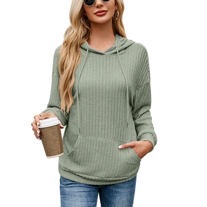 Sage green ribbed knit hoodie with drawstring hood and kangaroo pocket for women