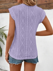 Back view of light purple knit top featuring hollow diamond jacquard and airy mesh texture