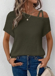 Detail of dark olive green waffle knit short sleeve top with off-shoulder strap design