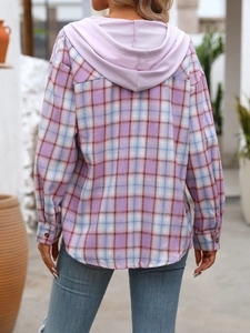 Back view of a women's oversized plaid shirt with a light purple hood and curved hem