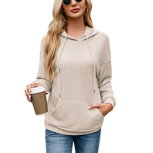 Women's ribbed knit hoodie in beige with drawstring hood and kangaroo pocket for casual wear