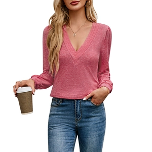 Women's pink V-neck long sleeve knit top with pleated neckline and casual fashion style