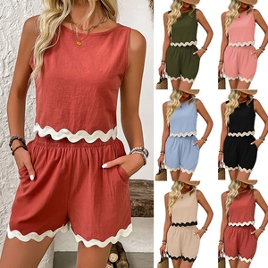 Women Casual Summer Sleeveless Round Neck Crop Top And Scalloped Trim Elastic Waist Shorts Vacation Boho Outfit