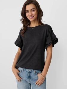 Close-up of women's grey t-shirt featuring ruffle short sleeves and textured cotton fabric