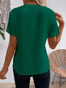 Rear view of dark green crew neck short sleeve T-shirt with smooth stitching and drape