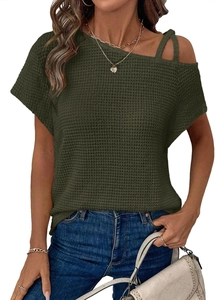 Detail of dark green waffle knit top with asymmetric cold shoulder and double straps