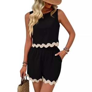 Women black linen two-piece set with white lace trim sleeveless top and shorts
