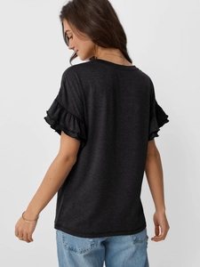 Detail of ruffle sleeves on dark grey textured t-shirt with rear and side view