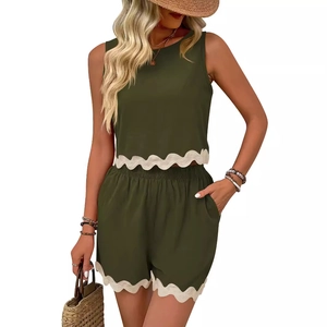 Women's 2-piece summer set with olive green linen tank top and scallop trim shorts