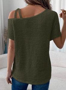 Rear view of dark green waffle knit short sleeve top with off-the-shoulder design