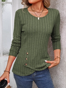 Detail view of olive green ribbed knit top featuring side buttons and asymmetric hemline