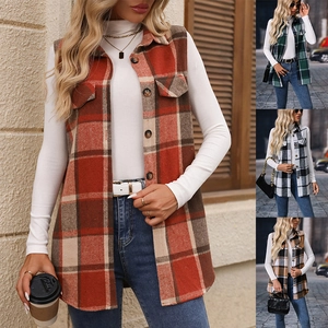Gilet da Donna alla Moda a Quadri Senza Maniche Lunghezza Media Giacca con Bottoni Streetwear Casual Gilet con Tasche