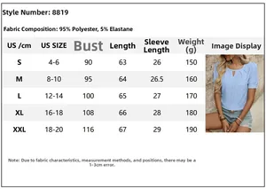 Size chart for women's short sleeve crewneck top with polyester and elastane blend details