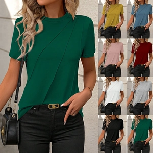 Women Casual Short Sleeve Round Neck T-Shirt Viscose Polyester Blend Diagonal Pleated Detail Loose Fit Summer Top