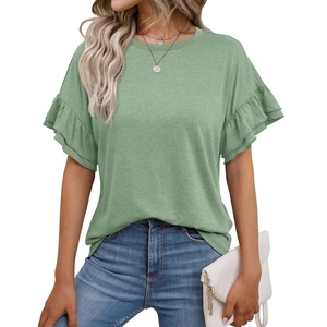 Sage green short sleeve t-shirt for women with crew neck and layered ruffle sleeves