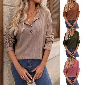 Maglietta Henley da Donna Casual in Maglia a Coste Manica Lunga con Bottoni Scollo a V Vestibilità Larga Top Autunnale