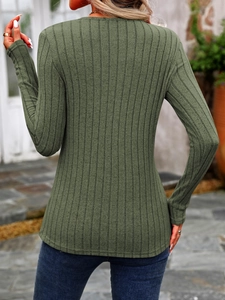 Detail view of olive green ribbed knit top featuring a close fit and round neckline on back