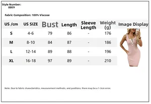 Size chart for pink and white striped sleeveless dress with US sizes and measurements