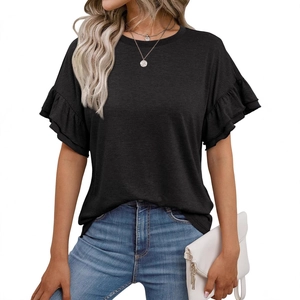 Women's black round neck T-shirt with layered ruffle sleeves and a classic casual fit