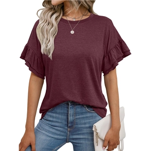 Women's burgundy round neck T-shirt with layered ruffled sleeves and cotton blend fabric