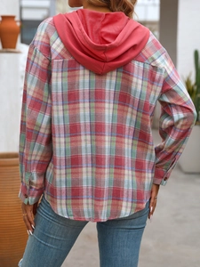 Rear view of a casual plaid oversized shirt with a red hood and rounded hem design